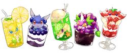  blue_eyes commentary_request cup dragon drink drinking_glass drinking_straw food food_focus fruit gen_(gen_m_gen) ice ice_cream ice_cream_float ice_cube lemon lemonade melon_soda no_humans parfait purple_eyes puzzle_&amp;_dragons red_eyes yellow_eyes 