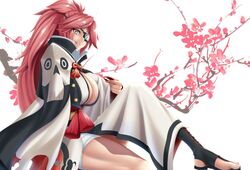  amputee baiken breasts cherry_blossoms choko_(cup) cleavage cloud commentary_request cup eyepatch female from_side guilty_gear guilty_gear_xrd highres japanese_clothes kimono large_breasts long_hair long_sleeves looking_at_viewer looking_to_the_side obi one-eyed parted_lips pink_hair ponytail sash scar scar_across_eye scar_on_face sitting smile solo tama_(tamakaka1031) very_long_hair wide_sleeves yellow_eyes 