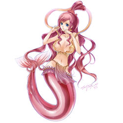  bare_arms bare_shoulders bikini bikini_top_only blue_eyes blush breasts closed_mouth collarbone commentary earrings female full_body groin hair_rings jewelry large_breasts loincloth long_hair looking_at_viewer mermaid monster_girl navel one_piece pelvic_curtain photoshop_(medium) pink_hair shell shell_earrings shirahoshi sidelocks simple_background solo stomach swimsuit tenjou_tsuki very_long_hair white_background 