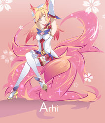  ahri alternate_costume alternate_eye_color alternate_hair_color animal_ears boots breasts choker detached_sleeves female fox_ears fox_tail hair_ornament hairband high_heel_boots high_heels league_of_legends legs long_hair long_legs magical_girl multiple_tails peach_hair skirt spread_legs star_guardian_ahri stiletto_heels tail thigh_boots thighhighs thighs white_legwear wink 