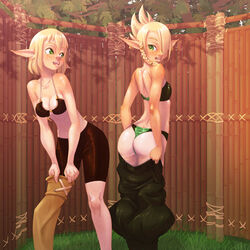  2girls ass bare_shoulders bikini blonde_hair braid breasts cleavage cleophee cra_(wakfu) dimples_of_venus earrings evangelyne_(wakfu) freckles from_behind green_eyes hair_over_one_eye jewelry long_hair looking_back medium_breasts multiple_girls photoshop_(medium) pointy_ears short_hair siblings sisters small_breasts smile soumakyo swimsuit tan tanlines undressing wakfu 