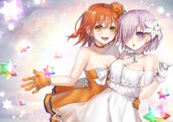  2girls :d :o alternate_costume ao+beni arm_around_waist bare_arms bare_shoulders blush bow breast_press breasts choker chromatic_aberration cleavage collarbone commentary_request dress fate/grand_order fate_(series) flower fujimaru_ritsuka_(female) fujimaru_ritsuka_(female)_(starlight_fest) gloves hair_flower hair_ornament hair_over_one_eye hand_on_another&#039;s_hip hug light_purple_hair mash_kyrielight mash_kyrielight_(formal_dress) medium_breasts multiple_girls official_alternate_costume open_mouth orange_choker orange_dress orange_eyes orange_flower orange_gloves orange_hair pink_flower purple_eyes ribbon_choker short_hair smile star_(symbol) stellated_octahedron strapless strapless_dress teeth torso_grab twitter_username upper_teeth_only white_choker white_dress white_flower white_gloves 