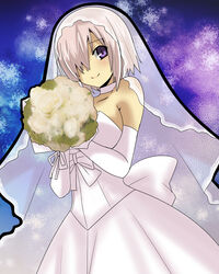  bare_shoulders bouquet breasts bridal_veil bride choker commentary_request dress elbow_gloves fate/grand_order fate_(series) female flower formal gloves hair_over_one_eye large_breasts looking_at_viewer mash_kyrielight matsudora124 purple_eyes purple_hair ribbon_choker short_hair solo strapless veil wedding_dress white_dress white_gloves 