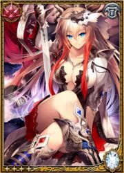  armor armored_boots blonde_hair blue_eyes boots breasts card_(medium) center_opening cleavage collarbone crossed_legs cyrene_de_bergerac dress female floating_hair glint hair_between_eyes hair_ornament holding holding_sword holding_weapon knee_boots large_breasts legs long_hair looking_at_viewer magnus_ignis nekonabe_ao red_hair red_skirt sidelocks sitting skirt solo sword thighs weapon 