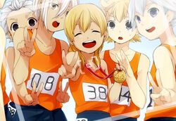  5boys bad_id bad_pixiv_id black_eyes blonde_hair brown_eyes closed_eyes double_v grey_hair hayami_mahha inazuma_eleven inazuma_eleven_(series) long_hair male_focus medal miyasaka_ryou multiple_boys open_mouth otoko_no_ko raimon_track_uniform smile sweat tank_top tomo_(sjim) v white_hair 