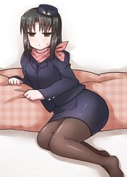  black_hair black_pantyhose blush brown_eyes commentary_request female hat kara_no_kyoukai long_hair lying mini_hat neckerchief no_shoes ohitashi_netsurou on_side pantyhose pencil_skirt pillow ryougi_shiki skirt solo sweatdrop travel_attendant 