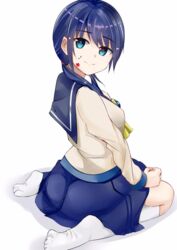  ass blood blood_on_face blue_eyes blue_hair blush breasts corpse_party female from_behind long_hair looking_at_viewer looking_back low_twintails school_uniform shinozaki_ayumi shirowa sideboob simple_background skirt smile socks solo twintails wariza 