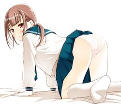  all_fours arm_support ass backlighting bad_id bad_pixiv_id bed_sheet blunt_bangs blush brown_hair clothes_lift crotch_seam feet female from_behind highres kneehighs looking_at_viewer looking_back moonsorrow no_shoes original panties pleated_skirt ponytail red_eyes sailor_collar school_uniform serafuku sidelocks skirt skirt_lift socks soles solo underwear 