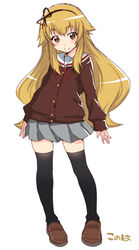  black_thighhighs blonde_hair blush cardigan character_name commentary_request female grey_skirt hair_ribbon hairband long_hair looking_at_viewer mikakunin_de_shinkoukei mudou_eichi photoshop_(medium) ribbon school_uniform simple_background skirt smile solo suetsugi_konoha thighhighs white_background yellow_eyes zettai_ryouiki 