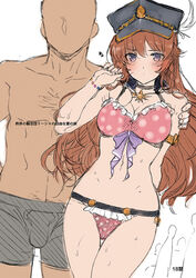  1boy armband bikini blush bracelet breasts brown_hair choker cleavage faceless faceless_male female frilled_bikini frills granblue_fantasy hand_on_another&#039;s_shoulder hat jewelry katsurai_yoshiaki large_breasts lecia_(granblue_fantasy) lecia_(summer)_(granblue_fantasy) long_hair peaked_cap photoshop_(medium) polka_dot polka_dot_bikini purple_eyes sweat swimsuit 