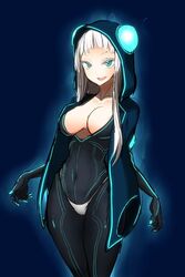  blue_background blue_eyes bodysuit breasts cleavage commentary_request electro_emilia female hood hooded_bodysuit ken_(koala) large_breasts looking_at_viewer neon_trim open_mouth original panties simple_background smile solo underwear white_hair white_panties 