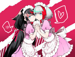  2girls admiral_graf_spee_(azur_lane) alternate_costume apron azur_lane black_hair blue_eyes bow bowtie cheek-to-cheek commentary deutschland_(azur_lane) dress food food_on_face frilled_apron frills hair_ribbon heads_together heart holding_hands holding_pastry_bag icing long_hair looking_at_another low_ponytail maid maid_apron maid_headdress multicolored_hair multiple_girls pastry_bag pink_dress revision ribbon short_hair spoken_blush spoken_heart streaked_hair takeakigaku white_hair 