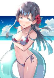  bad_id bad_pixiv_id bikini black_hair blush braid breasts collarbone commentary_request cowboy_shot female floral_print flower grey_eyes halterneck hibiscus highres holding idolmaster idolmaster_cinderella_girls innertube kobayakawa_sae long_hair looking_at_viewer medium_breasts navel ocean open_mouth outdoors red_flower shiny_skin side-tie_bikini_bottom side_braid smile solo string_bikini swim_ring swimsuit thighs ultone_(neisiss) white_bikini 