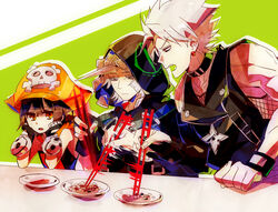  2boys beans brown_eyes brown_hair chipp_zanuff chopsticks collar commentary_request earrings female fingerless_gloves food gloves guilty_gear guilty_gear_xrd hat head_rest holding holding_chopsticks hood horns jewelry long_hair may_(guilty_gear) motion_blur multiple_boys orange_hat pirate_hat raven_(guilty_gear) red_eyes short_hair single_horn skull_and_crossbones suzunashi white_hair 