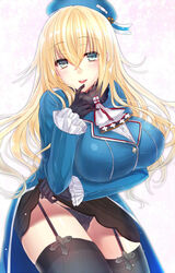  alternate_legwear atago_(kancolle) bad_id bad_pixiv_id beret black_gloves black_panties black_thighhighs blonde_hair blush breasts female garter_straps gloves green_eyes hat highres kantai_collection large_breasts long_hair military military_uniform open_mouth panties smile solo thighhighs umeko_(koori_ume) underwear uniform 