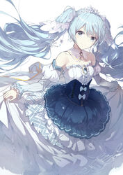  bare_shoulders blue_dress blue_hair chinese_commentary closed_mouth collarbone commentary dress female grey_eyes hair_between_eyes hatsune_miku hoop_skirt juliet_sleeves linfi-muu long_hair long_sleeves puffy_sleeves revision skirt_hold smile snowflakes solo strapless strapless_dress tiara twintails very_long_hair vocaloid white_background yuki_miku yuki_miku_(2019) 