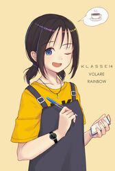  ;d black_hair blue_eyes collarbone commentary_request cup female hair_tie highres holding holding_notepad holding_pen itachi_kanade jewelry klasse14 looking_at_viewer notepad one_eye_closed open_mouth original overalls pen pendant shirt short_twintails smile solo spoken_object tan_background teacup twintails upper_body waitress watch wristwatch yellow_shirt 