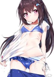  bikini black_hair blue_bikini breasts commentary_request cowboy_shot dolphin_hair_ornament female kamioka_shun&#039;ya long_hair looking_at_viewer marin_(kamioka_shun&#039;ya) navel original purple_eyes see-through shirt shirt_tug small_breasts solo swimsuit wet wet_clothes wet_shirt 