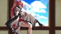  amputee baiken breasts choko_(cup) cleavage cloud commentary_request cup day eyepatch female from_side guilty_gear guilty_gear_xrd highres japanese_clothes kimono large_breasts long_hair long_sleeves looking_at_viewer looking_to_the_side obi one-eyed parted_lips pink_hair ponytail sash scar scar_across_eye scar_on_face sitting smile solo sunlight tama_(tamakaka1031) very_long_hair wide_sleeves yellow_eyes 