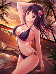  beach beach_umbrella bikini black_bikini black_eyes black_hair blunt_bangs breasts chair cleavage cloud commentary_request cowboy_shot dorakyura dutch_angle female floral_print flower hair_flower hair_ornament hand_on_own_head highres large_breasts light_smile linked_bikini long_hair looking_at_viewer lounge_chair o-ring o-ring_swimsuit ocean original outdoors palm_tree photoshop_(medium) shawl solo standing sunset swimsuit tree umbrella 