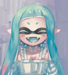  apron bad_id bad_twitter_id blue_hair blue_tongue blunt_bangs blush closed_eyes collarbone colored_tongue fangs female holding inkling inkling_girl inkling_player_character lowres open_mouth pointy_ears pot purple_background short_hair_with_long_locks sidelocks smile solo splatoon_(series) splatoon_1 tentacle_hair yousuke_(yosk) 