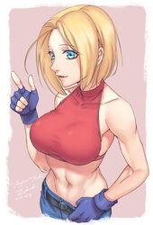  armpits artist_name bare_shoulders belt black_gloves blonde_hair blue_eyes blue_mary breasts clothes_pull collarbone commentary_request crop_top dated fatal_fury female finger_gun fingerless_gloves forehead gloves halterneck index_finger_raised large_breasts linea_alba looking_at_viewer midriff navel pants pants_pull parted_hair parted_lips photoshop_(medium) shirt short_hair smile solo taut_clothes taut_shirt tenjou_tsuki the_king_of_fighters toned upper_body 