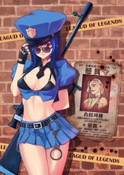  2girls against_wall ahoge alternate_costume arm_behind_back badge bare_shoulders belt black_gloves blue_hair blue_skirt braid breasts brick_wall buckle bullet_hole buttons caitlyn_(league_of_legends) caution_tape chinese_commentary chinese_text choker cleavage cleavage_cutout clothing_cutout commentary_request copyright_name cowboy_shot crop_top cuffs english_text engrish_text evil_grin evil_smile fingerless_gloves flat_chest gloves glowing glowing_eyes grin gun handcuffs hat hat_tip highres jewelry jinx_(league_of_legends) league_of_legends light_smile long_hair looking_at_viewer midriff miniskirt multiple_girls navel necklace necktie officer_caitlyn photoshop_(medium) pleated_skirt police police_badge police_hat police_uniform policewoman poster_(object) puffy_short_sleeves puffy_sleeves ranguage red_eyes rifle scope shadow short_sleeves sideboob skirt smile sniper_rifle standing star_(symbol) studded_belt sunglasses tienao translation_request twin_braids uniform wanted weapon 