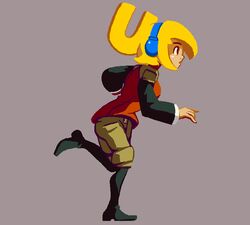  animated animated blonde_hair boots breasts brown_eyes commentary culottes female full_body half_updo headphones jacket joakim_sandberg knee_boots long_hair medium_breasts pixel_art robin_(the_iconoclasts) running solo the_iconoclasts 