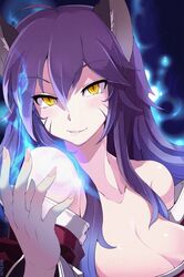  ahri_(league_of_legends) animal_ears armcho bare_shoulders blue_hair breasts cleavage commentary_request detached_sleeves energy_ball facial_mark female fingernails fox_ears hair_between_eyes korean_commentary large_breasts league_of_legends long_fingernails long_hair nail_polish slit_pupils smirk solo upper_body yellow_eyes 