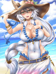  :d animal_ears bare_shoulders beach blush braid breasts brown_eyes cat_ears cleavage cloud cloudy_sky collarbone commentary_request covered_navel cowboy_shot day ears_through_headwear erune female granblue_fantasy grey_hair hair_between_eyes hair_intakes hair_tubes hat heles heles_(summer)_(granblue_fantasy) highres large_breasts long_hair looking_at_viewer official_alternate_costume open_mouth outdoors sarong single_braid sky smile solo sun_hat swimsuit tama_(tamakaka1031) very_long_hair 