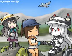  3girls :d abyssal_ship air_defense_princess backpack bag binoculars black_footwear black_hair blouse boots brown_hair commentary_request cross-laced_footwear dated dress eating food gloves hamu_koutarou hat i-401_(kancolle) kantai_collection lace-up_boots long_hair mountain multicolored_hair multiple_girls naganami_(kancolle) oerba_yun_fang onigiri open_mouth pleated_skirt ponytail red_eyes school_uniform shirt short_ponytail skirt sleeveless sleeveless_dress smile swimsuit swimsuit_under_clothes white_hair white_shirt 