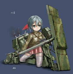  blue_background breasts cannon character_name commentary_request female highres imperial_japanese_army mecha_musume military o-i_(tank) personification seiza shasu_(lastochka) shield signature simple_background sitting small_breasts solo uniform weapon world_of_tanks 