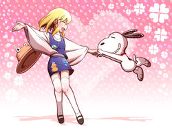  blonde_hair canine chamupei charles_schulz_(style) closed_eyes commentary dokonjou_gaeru female froakie grin hair_ribbon hat heart keroro keroro_gunsou long_sleeves moriya_suwako open_mouth outstretched_arms peanuts_(comic) photoshop_(medium) pink_background pokemon pokemon_(creature) ribbon shirt skirt skirt_set smile snoopy thigh_gap thighhighs touhou unworn_hat unworn_headwear vest white_legwear wide_sleeves zettai_ryouiki 