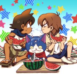  2boys anger_vein bad_id bad_pixiv_id blue_background brown_hair eating feline food fruit fumiaki_(youkai_watch) fuyunyan geta keizou knife multiple_boys scarf seed shirataki shorts spiked_hair spitting star_(symbol) tan tank_top watermelon watermelon_seeds youkai_(youkai_watch) youkai_watch youkai_watch_2 