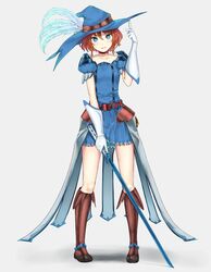  ata_(egalite) belt blue_eyes boots brown_footwear cavalier_hat choker commentary_request feathers female full_body gloves hat highres knee_boots looking_at_viewer musketeer orange_hair original parted_lips short_hair skirt smile solo standing sword weapon 