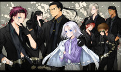  2girls 6+boys alfreed_(arslan_senki) arslan arslan_senki bandana black_hair blue_eyes commentary_request contemporary daryoon elam falangies formal gieve gloves green_eyes gun jaswant long_hair multiple_boys multiple_girls narsus necktie ponytail red_hair short_hair suit weapon white_hair yellow_eyes yuuno_(yukioka) 