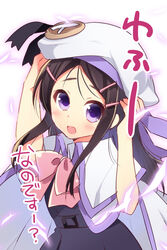  beret black_hair bow cape charlotte_(anime) commentary_request company_connection cosplay female hano_haruka hat key_(company) large_buttons little_busters! long_hair looking_at_viewer noumi_kudryavka noumi_kudryavka_(cosplay) otosaka_ayumi pink_bow purple_eyes school_uniform simple_background solo trait_connection white_background white_hat 