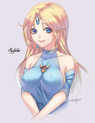  bare_shoulders blonde_hair blue_eyes breasts circlet commentary covered_nipples earrings female halterneck jewelry large_breasts long_hair looking_at_viewer lost_worlds photoshop_(medium) smile solo sylphie tenjou_tsuki upper_body v_arms 