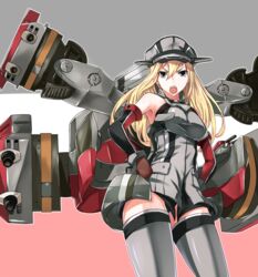  bad_id bad_pixiv_id bismarck_(kancolle) bismarck_kai_(kancolle) blonde_hair blue_eyes blush breasts brown_gloves cannon detached_sleeves female gloves grey_thighhighs hat highres kantai_collection large_breasts long_hair looking_at_viewer makkori military military_hat military_uniform open_mouth peaked_cap solo thighhighs uniform 