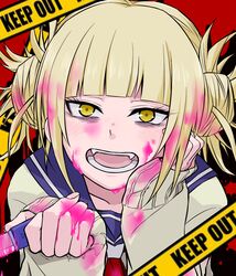  blonde_hair blood blood_on_face bloody_clothes bloody_hair bloody_hands bloody_weapon blunt_bangs blush boku_no_hero_academia cardigan double_bun english fangs female hair_bun holding knife messy_hair open_mouth school_uniform serafuku solo toga_himiko weapon yellow_eyes 