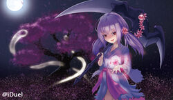  :d cherry_blossoms commentary_request duel_monster female flower full_moon ghost_reaper_&amp;_winter_cherries hair_flower hair_ornament hitodama holding holding_weapon japanese_clothes jiguang_zhi_aoluola kimono light_purple_hair long_hair looking_at_viewer moon night open_mouth photoshop_(medium) red_eyes sash scythe shaded_face smile solo torn_clothes twintails v-shaped_eyebrows weapon wide_sleeves yu-gi-oh! 