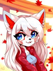  3:4 annetpeas anthro autumn blue_eyes canid canine clothing female fox fur hair hi_res leaf mammal palace solo white_body white_fur white_hair 