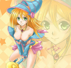  &gt;:) bare_shoulders blonde_hair blue_footwear blush boots breasts choker cleavage closed_mouth collarbone commentary_request dark_magician_girl duel_monster female from_above green_eyes hair_between_eyes hat large_breasts long_hair looking_at_viewer looking_up pelvic_curtain pentacle photoshop_(medium) pink_skirt showgirl_skirt skirt smile solo staff tenjou_tsuki v-shaped_eyebrows v_arms wizard_hat yu-gi-oh! zoom_layer 