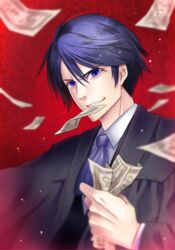  1boy akutoku_no_judgement_(vocaloid) blue_eyes blue_hair blurry clenched_hand commentary_request depth_of_field evil_grin evil_smile evillious_nendaiki gallerian_marlon grin jacket judge kaito_(vocaloid) male_focus money motion_blur mouth_hold simple_background smile solo tamara vocaloid 