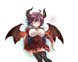  ahoge black_thighhighs blush breasts brown_eyes claws clenched_hand commentary_request dragon_horns dragon_tail dragon_wings female granblue_fantasy grea_(shingeki_no_bahamut) hands_up horns koko_(hm142533) large_breasts looking_at_viewer pointy_ears purple_hair red_eyes red_skirt shingeki_no_bahamut short_hair simple_background skirt solo standing sweatdrop tail thighhighs wings 