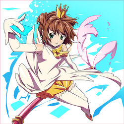  bad_id bad_pixiv_id brown_hair cardcaptor_sakura commentary_request crown elbow_gloves female gloves green_eyes kinomoto_sakura koitsu_(blue) looking_at_viewer riding smile solo two_side_up 