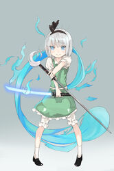  black_hairband blue_eyes commentary_request female full_body glowing hairband highres hitodama katana konpaku_youmu konpaku_youmu_(ghost) looking_at_viewer mugcup pigeon-toed puffy_short_sleeves puffy_sleeves ribbon short_hair short_sleeves skirt smile solo standing sword touhou wakizashi weapon white_hair 