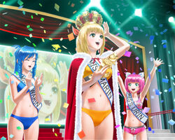  3girls :d arms_up bikini blonde_hair blue_hair bow cape clapping closed_eyes commentary_request confetti crown drill_hair flat_chest fur_trim green_eyes groin hairbow highres holding long_hair mankappa marin_(umi_monogatari) multiple_girls navel open_mouth photoshop_(medium) pink_hair short_hair smile swimsuit trophy twin_drills twintails umi_monogatari urin_(umi_monogatari) warin yellow_eyes 