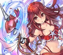  bad_id bad_pixiv_id bare_shoulders bikini breasts cleavage collarbone commentary_request cordelia_(fire_emblem) cordelia_(summer)_(fire_emblem) dutch_angle feather_hair_ornament feathers female fingerless_gloves fire_emblem fire_emblem_awakening fire_emblem_heroes fish frilled_bikini frills fujimaru_(green_sparrow) gloves hair_between_eyes hair_ornament long_hair navel open_mouth polearm red_hair small_breasts solo spear swimsuit twitter_username upper_body water weapon 