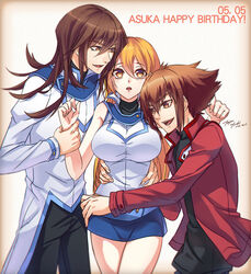  2boys :d bare_arms bare_shoulders blue_skirt breasts brother_and_sister brown_eyes brown_hair commentary_request cowboy_shot dated duel_academy_uniform_(yu-gi-oh!_gx) female hair_between_eyes happy_birthday hug jacket large_breasts long_sleeves miniskirt multiple_boys open_clothes open_jacket open_mouth orange_eyes orange_hair parted_lips photoshop_(medium) school_uniform siblings skirt smile tenjou_tsuki tenjouin_asuka tenjouin_fubuki v-shaped_eyebrows yu-gi-oh! yu-gi-oh!_gx yuki_judai 